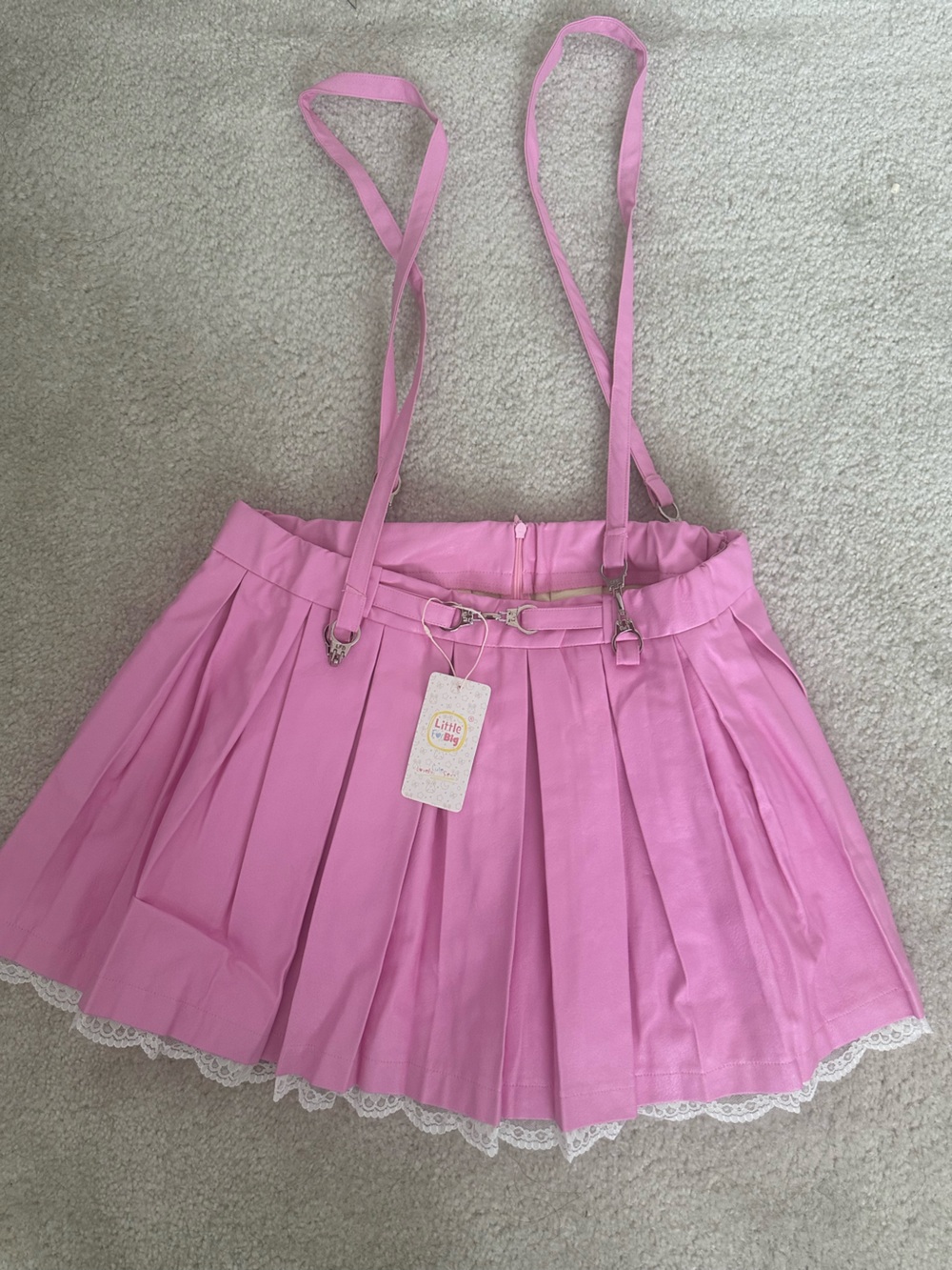 Pleated Pink Suspender Mini Skirt with Lace Trim